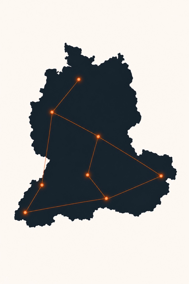 Stilisierte Karte des DACH-Raums mit markierten Einsatzorten