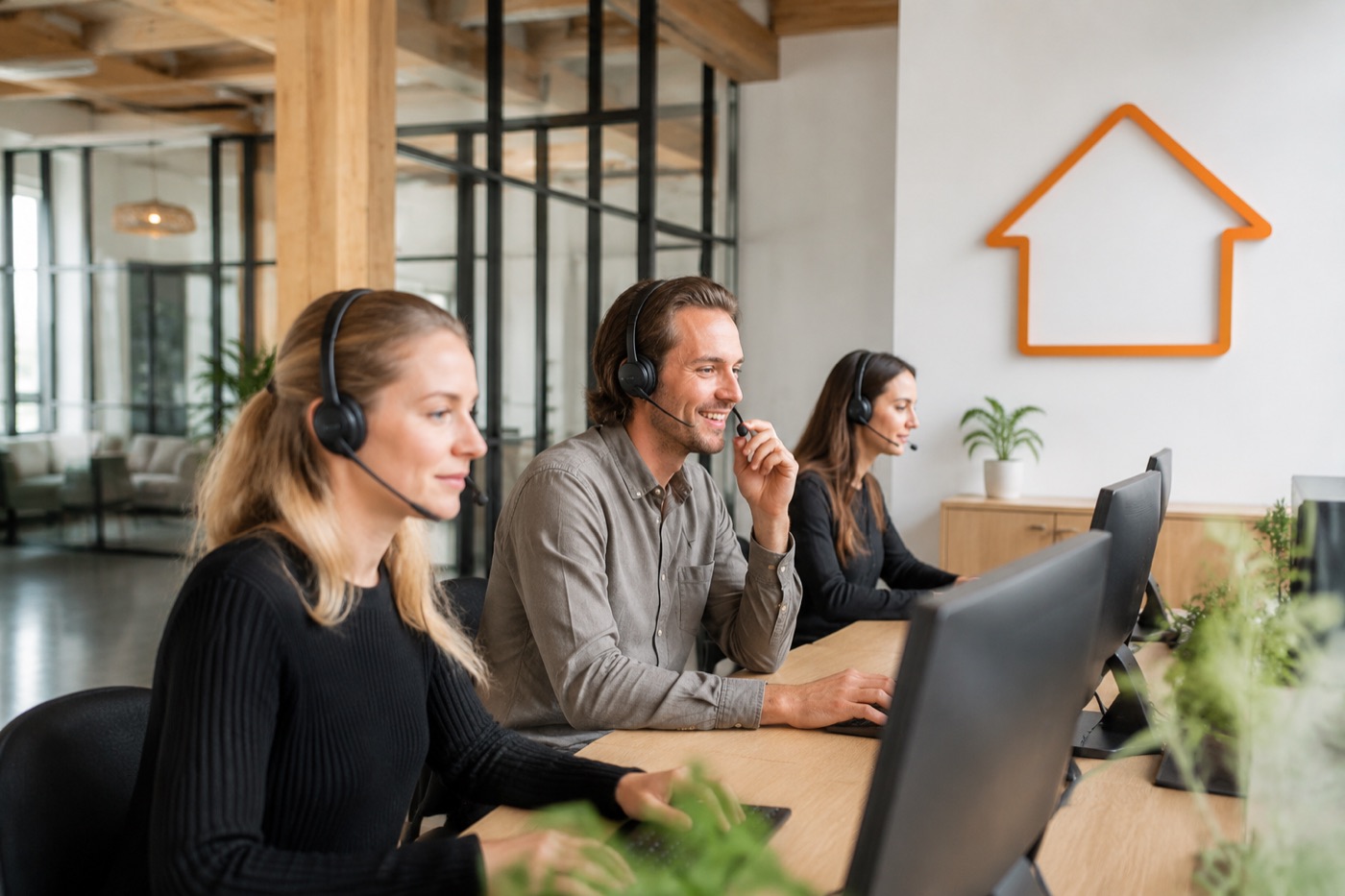 Cold Caller mit Headset an ihren Arbeitsplätzen bei Akquisehaus