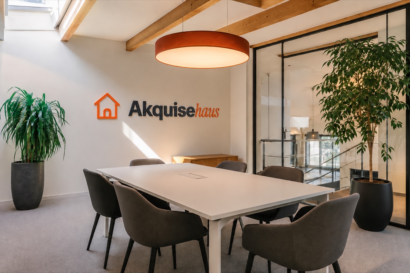 Besprechungsraum mit Akquisehaus-Schriftzug an der Wand