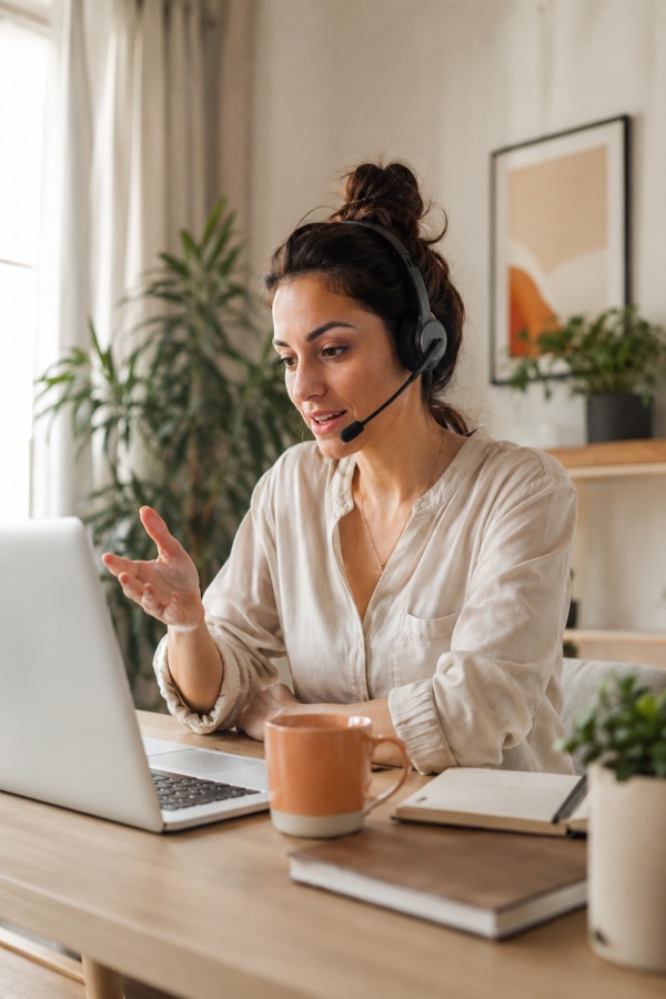 Mitarbeiterin mit Headset im Homeoffice beim Telefonat