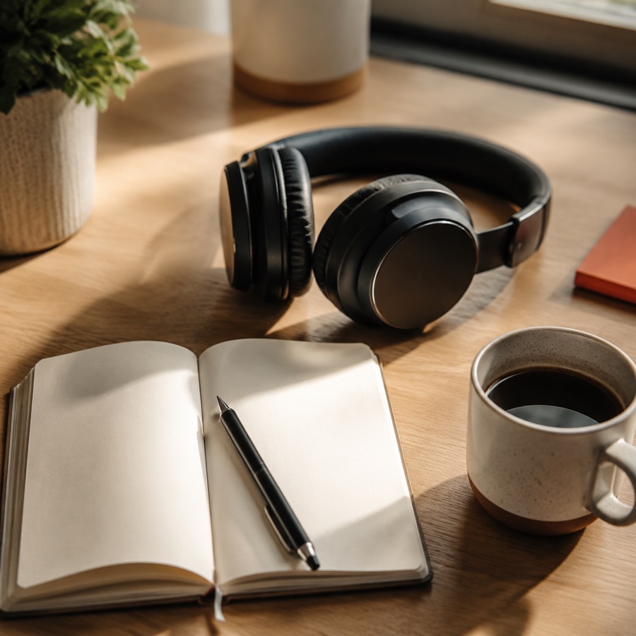 Headset, Notizblock und Kaffee auf einem Schreibtisch